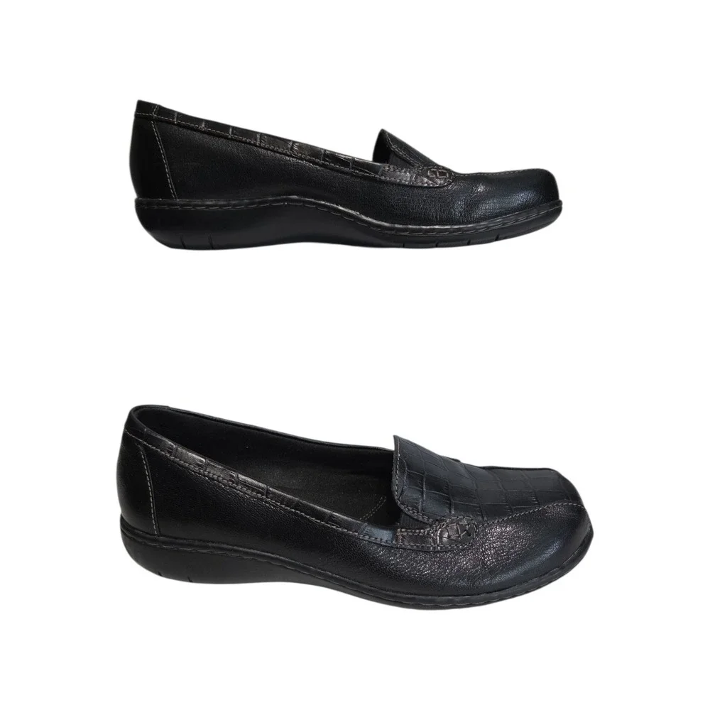 Clarks Collection Black Leather Croc‎ Embossed Loafers Womens 8